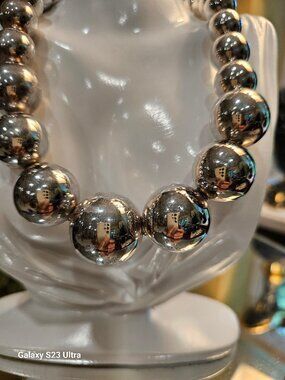 Sterling Silver 925 Beaded Wire Strand Statement Necklace 17" , Made in Italy